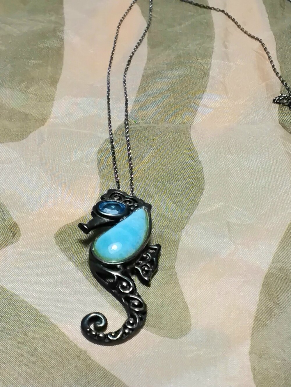 925 Silver Larimar & Blue Topaz Seahorse Necklace